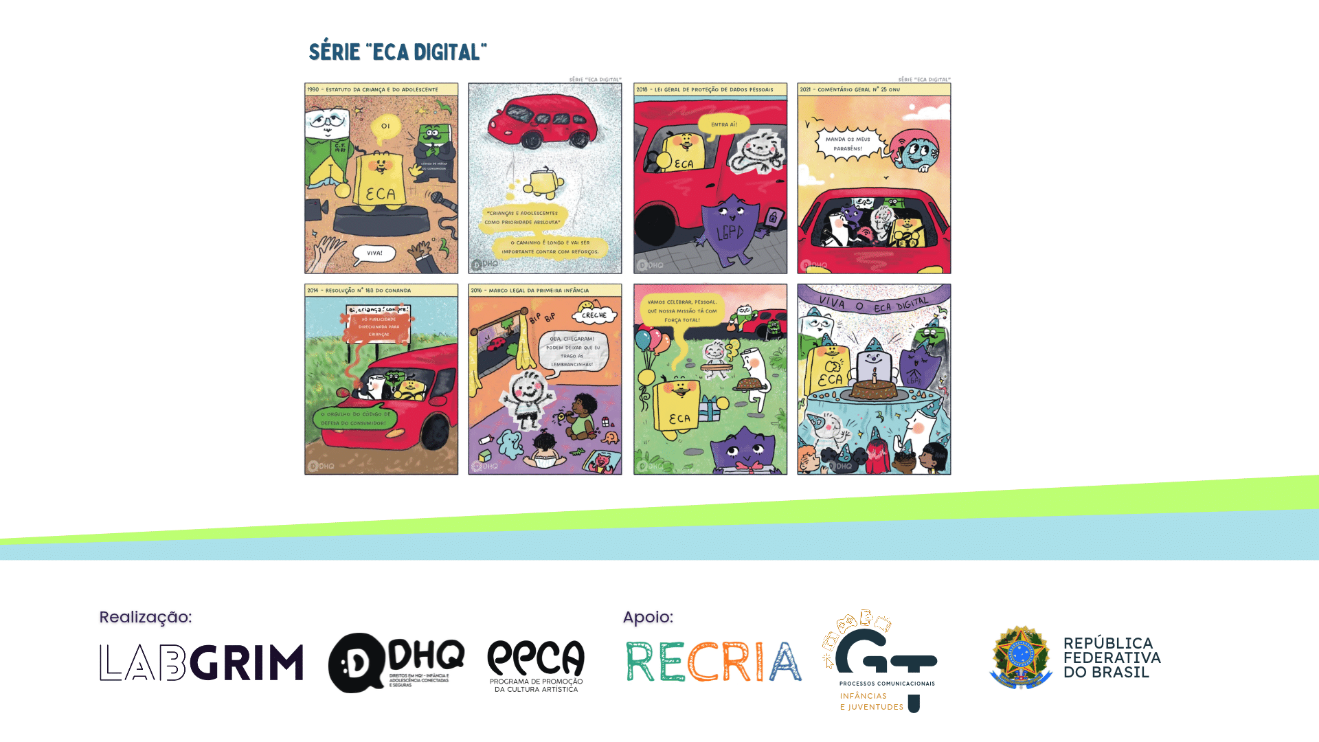 Banner ilustrado da Série "ECA Digital" sobre fundo branco com faixas em tons de verde e azul claro na parte inferior. O painel central exibe oito tirinhas em quadrinhos organizadas em linha do tempo. As ilustrações representam marcos históricos dos direitos infantojuvenis: 1990 (ECA), 2014 (Resolução nº 163 do CONANDA), 2016 (Marco Legal da Primeira Infância), 2018 (LGPD), 2021 (Comentário Geral nº 25 da ONU) e a celebração do "ECA Digital". No rodapé, constam os logotipos de realização do LabGRIM, DHQ e PPCA, e de apoio do RECRIA, GT Processos Comunicacionais e Governo Federal.
