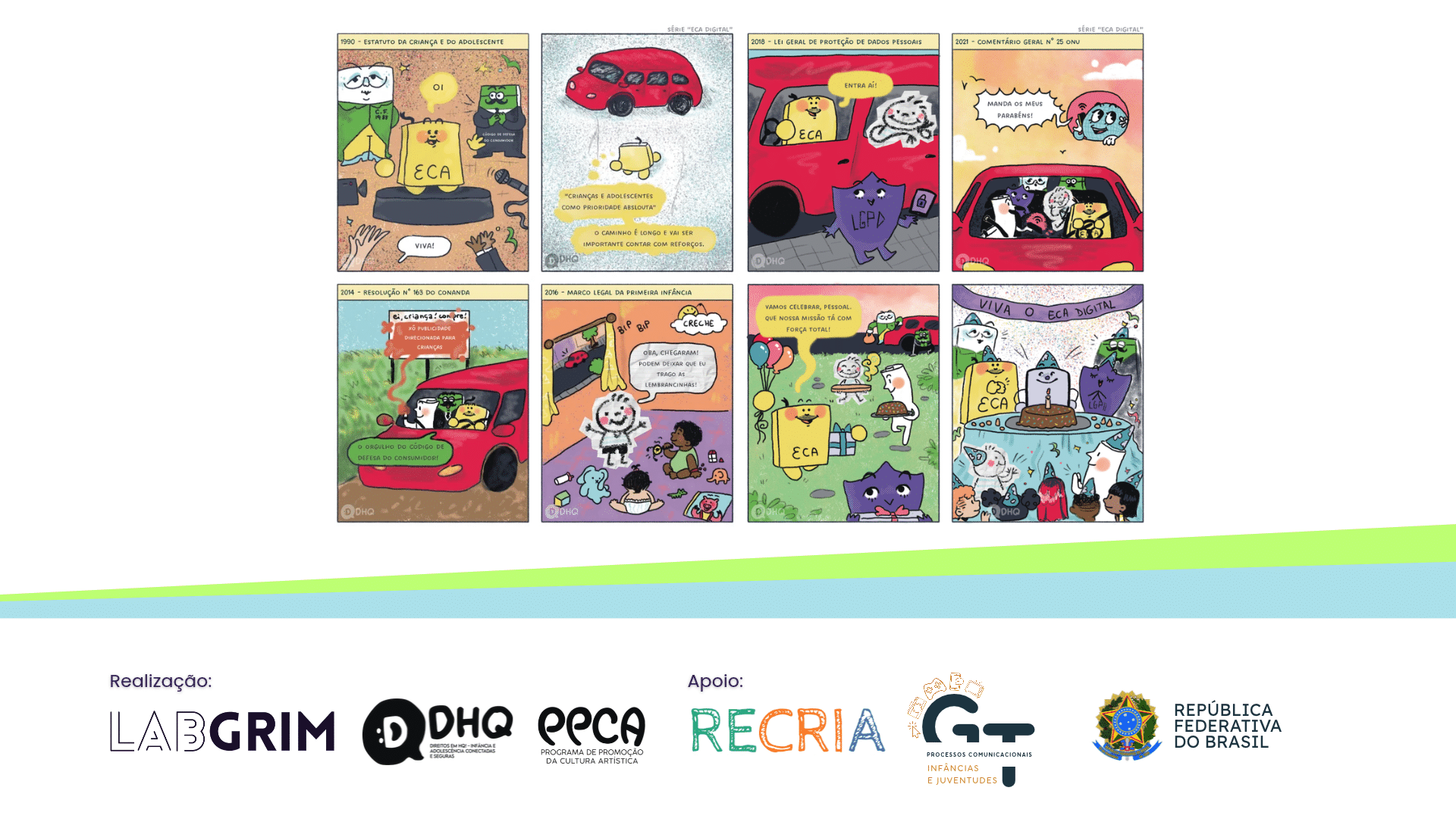 Banner ilustrado da Série "ECA Digital" sobre fundo branco com faixas em tons de verde e azul claro na parte inferior. O painel central exibe oito tirinhas em quadrinhos organizadas em linha do tempo. As ilustrações representam marcos históricos dos direitos infantojuvenis: 1990 (ECA), 2014 (Resolução nº 163 do CONANDA), 2016 (Marco Legal da Primeira Infância), 2018 (LGPD), 2021 (Comentário Geral nº 25 da ONU) e a celebração do "ECA Digital". No rodapé, constam os logotipos de realização do LabGRIM, DHQ e PPCA, e de apoio do RECRIA, GT Processos Comunicacionais e Governo Federal.